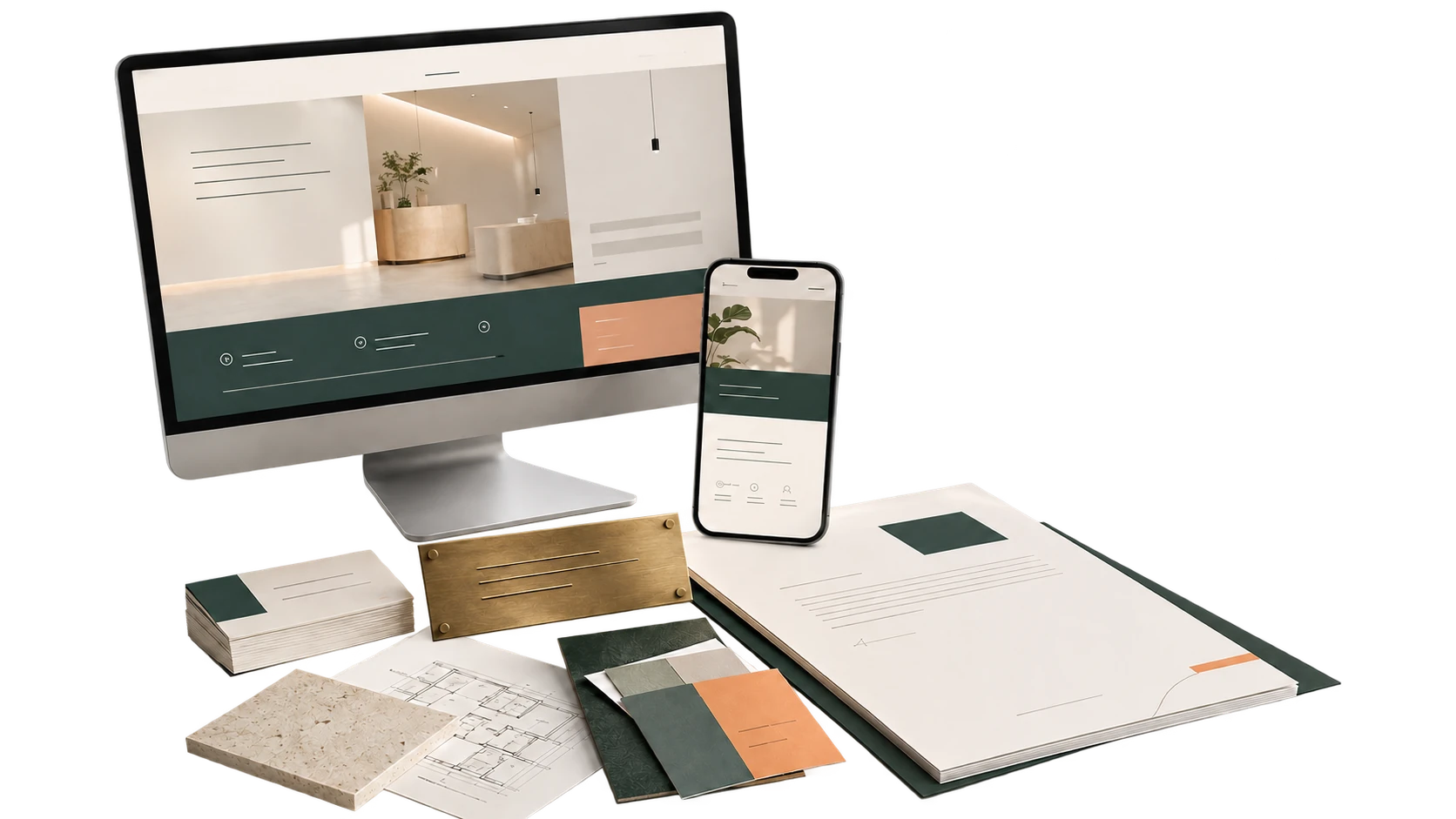 Monitor, Smartphone, Praxisschild, Briefpapier und Materialmuster als zusammengehöriger Praxisauftritt