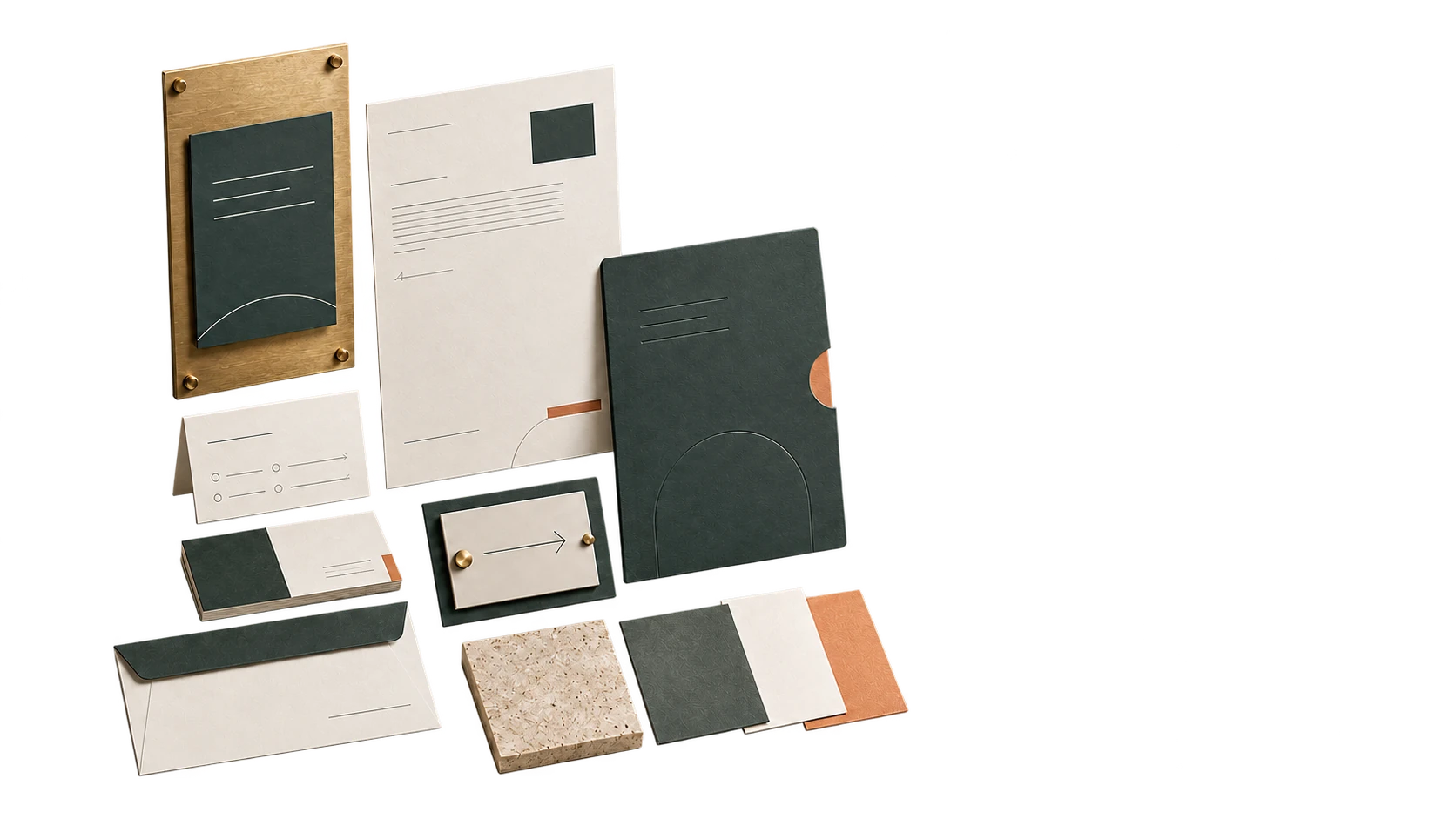 Praxisschild, Briefbogen, Terminkarte, Visitenkarte, Mappe und Materialproben eines individuellen Erscheinungsbilds